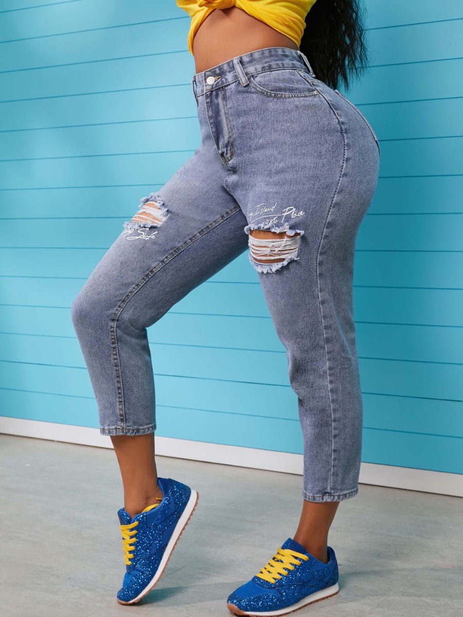 

Lovely Casual Broken Holes Baby Blue Jeans
