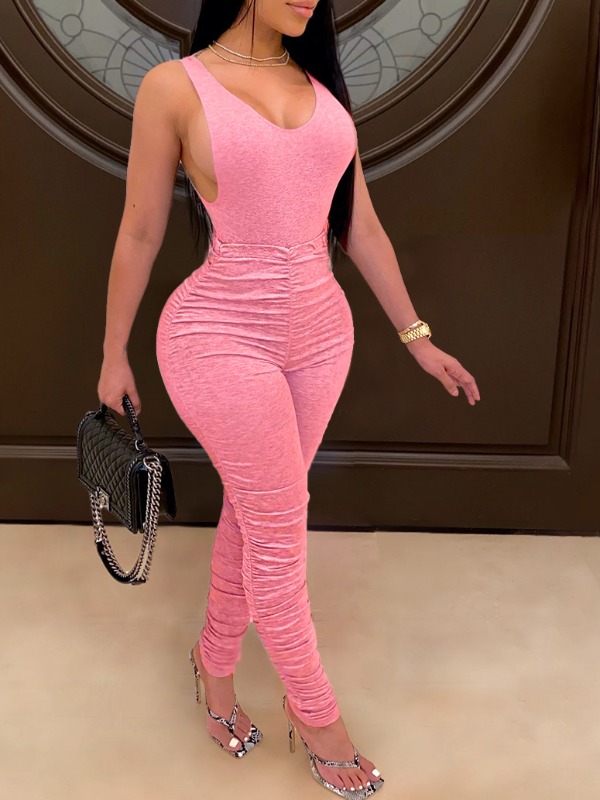 

lovely Sportswear Backless Fold Design Pink Two Piece Pants Set