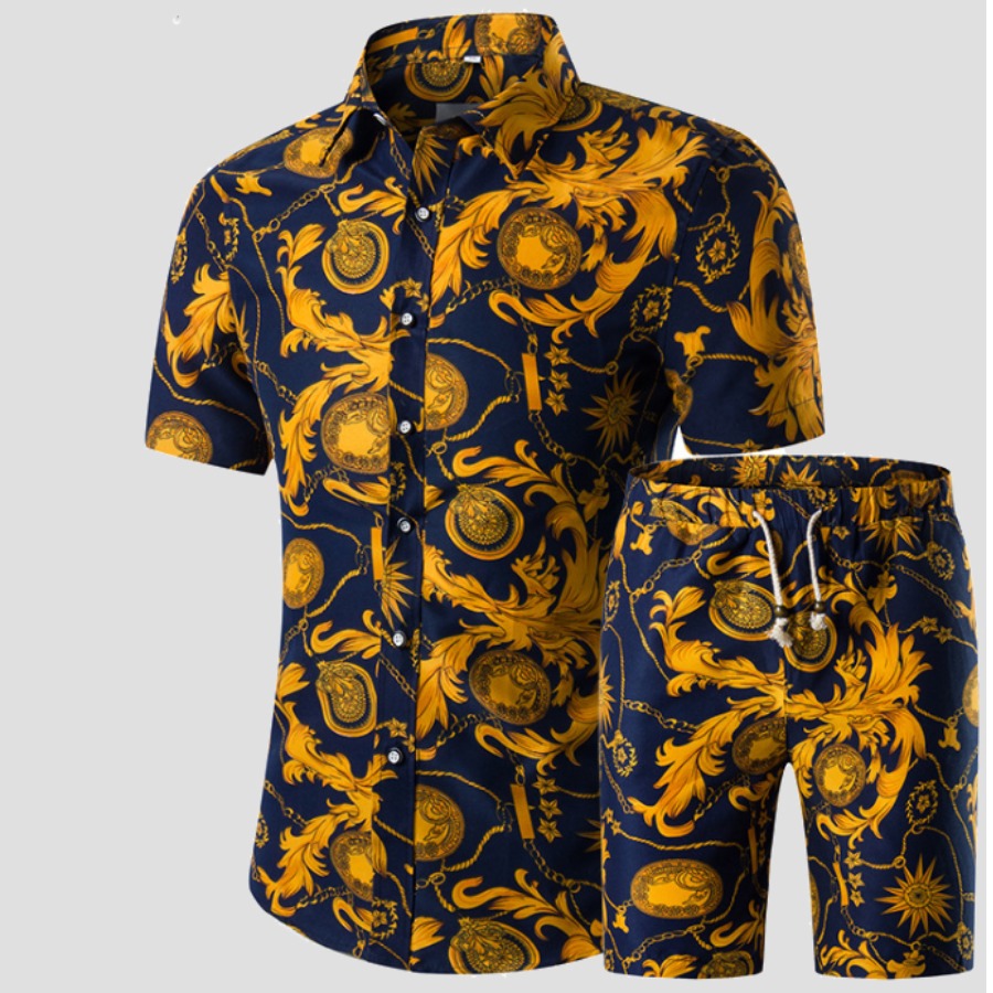 

Men lovely Leisure Print Yellow Two-piece Shorts Set