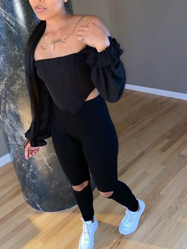 

lovely Sexy Dew Shoulder Asymmetrical Black Two Piece Pants Set