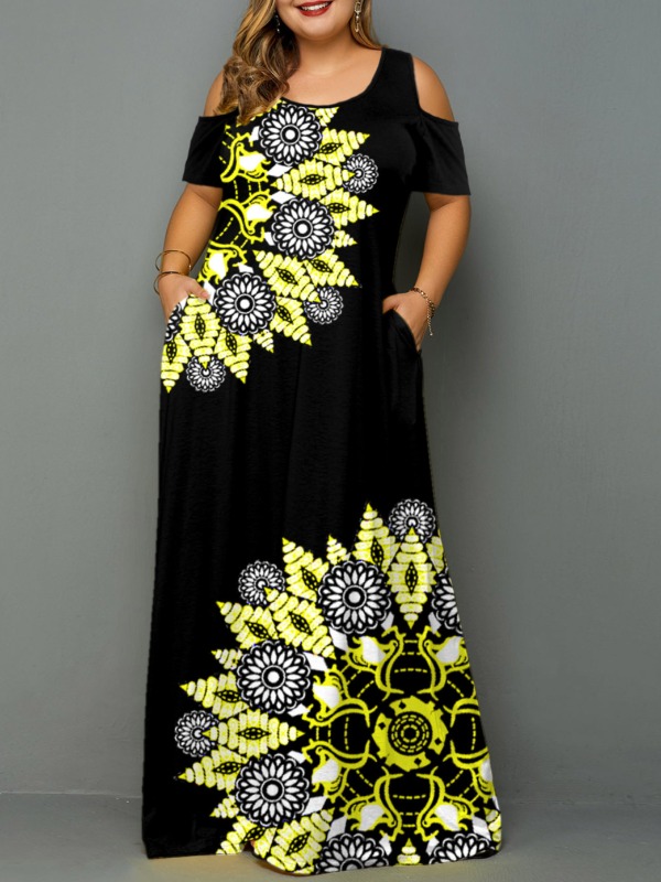 

lovely Bohemian U Neck Print Hollow-out Black Maxi Plus Size Dress