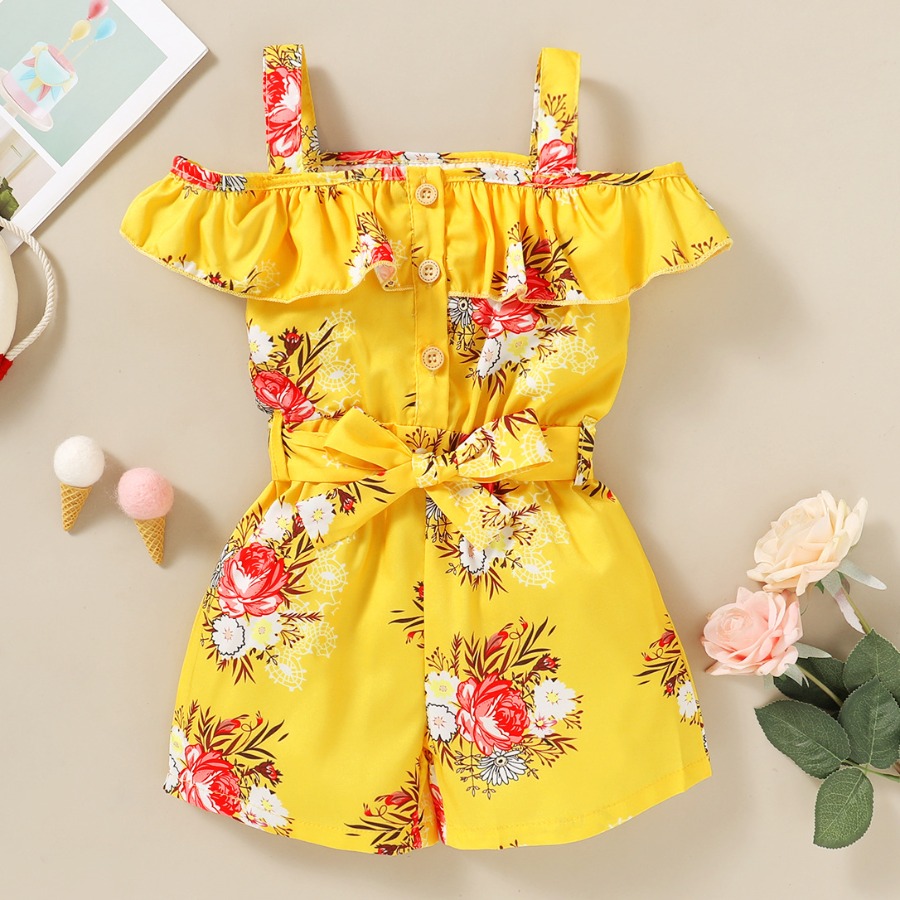 

lovely Trendy Plants Print Hollow-out Yellow Girl One-piece Romper