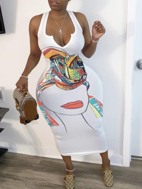 

lovely Street Print White Mid Calf Plus Size Dress