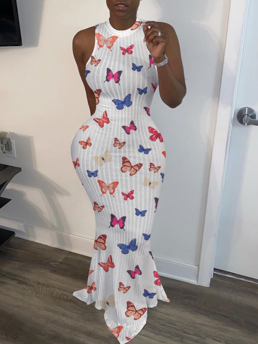 

lovely Trendy Sleeveless Butterfly Print White Maxi Dress