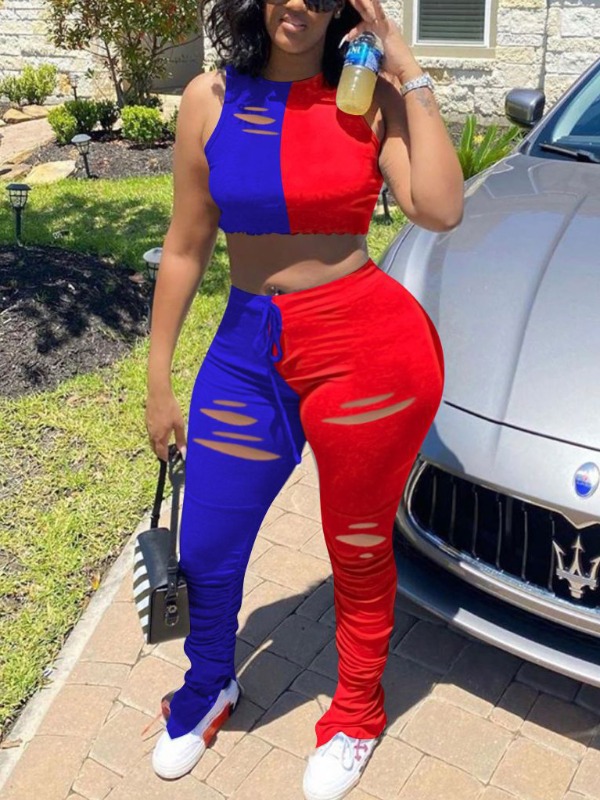 

lovely Sportswear Patchwork Blue Plus Size Two Piece Pants Set