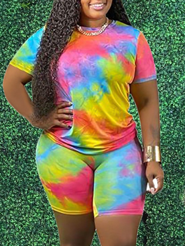

lovely Leisure O Neck Tie Dye Rose Red Two Piece Shorts Set