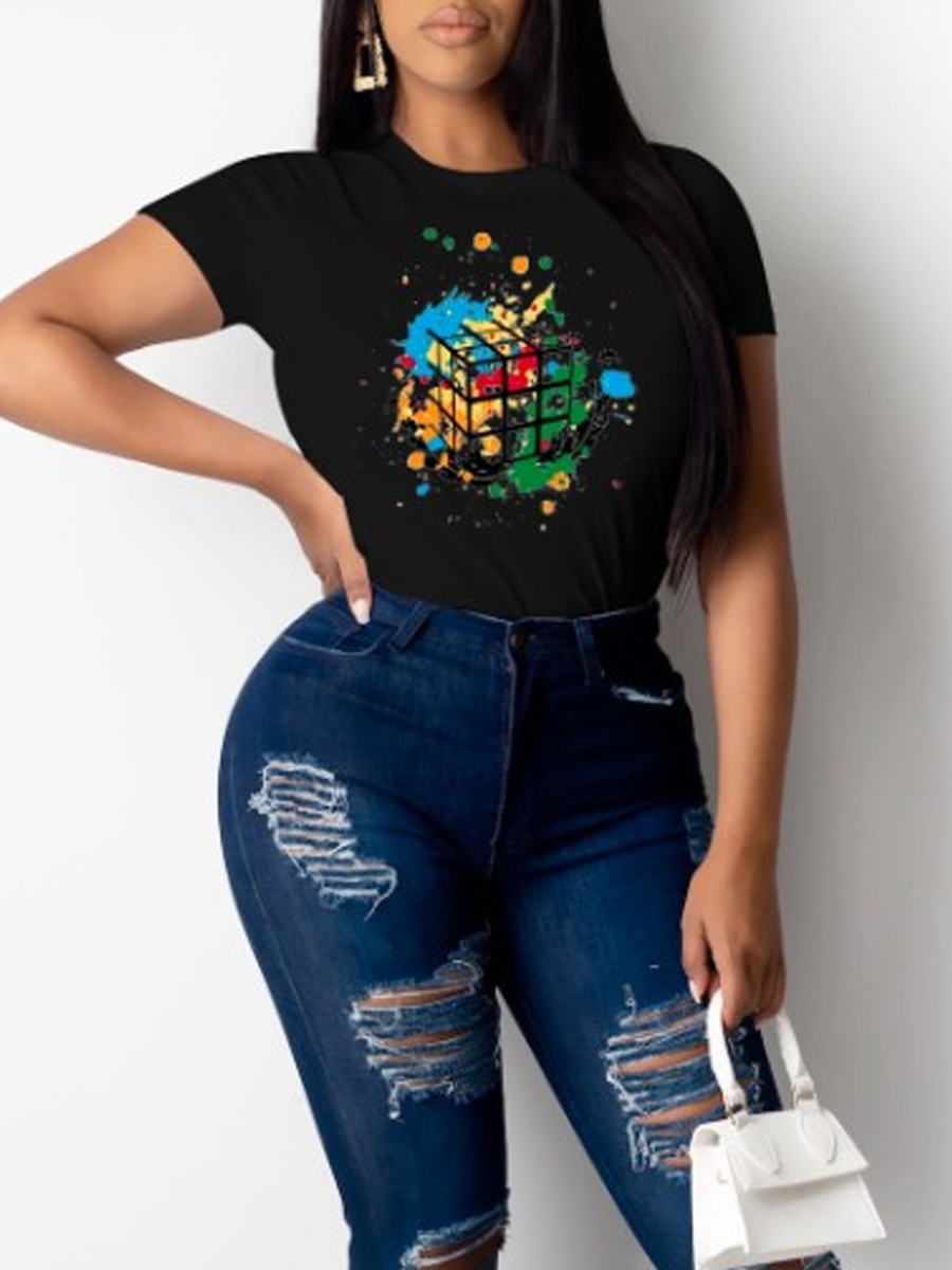 

lovely Leisure O Neck Print Black T-shirt
