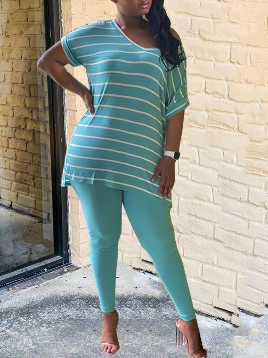 

Lovely Leisure V Neck Striped Blue Two Piece Pants Set