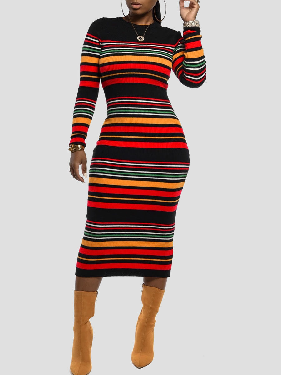 

lovely Stylish O Neck Striped Multicolor Mid Calf Dress, Multicolor stripe