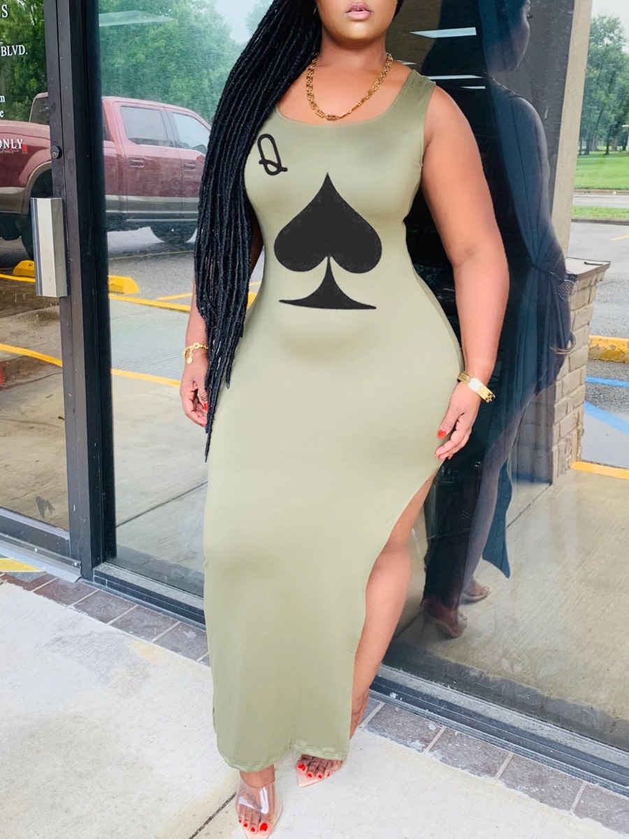

Lovely Casual U Neck Print Side High Slit Army Green Ankle Length Dress
