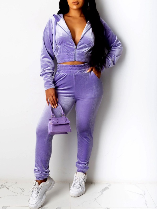 

lovely Trendy Zipper Design Purple Two Piece Pants Set