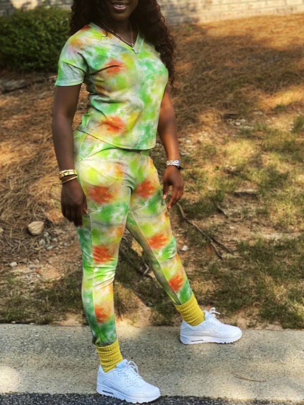 

lovely Casual V Neck Tie Dye Green Two Piece Pants Set