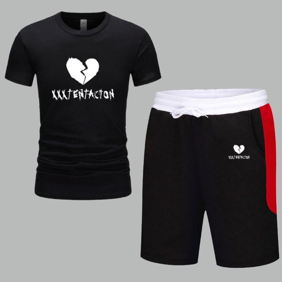 

Men lovely Sportswear O Neck Patchwork Black Two-piece Shorts Set