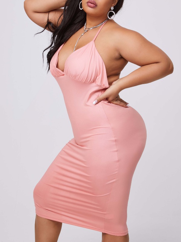 

lovely Stylish Backless Pink Mid Calf Plus Size Dress