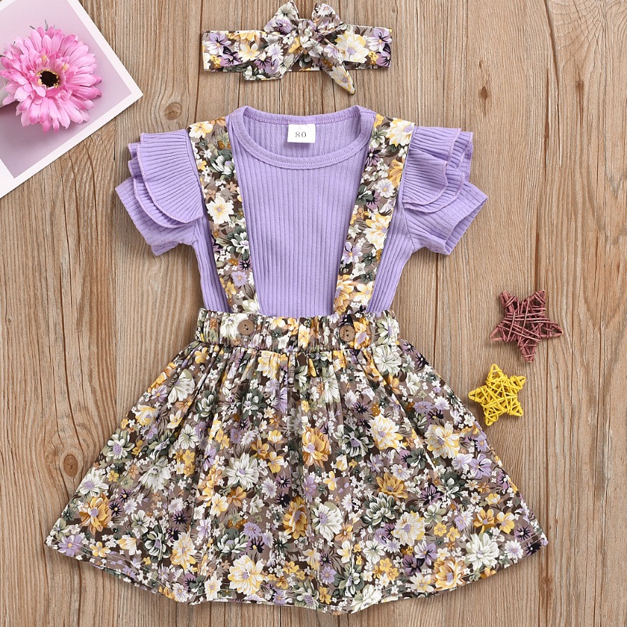 

lovely Sweet Floral Print Purple Girl Two-piece Skirt Set