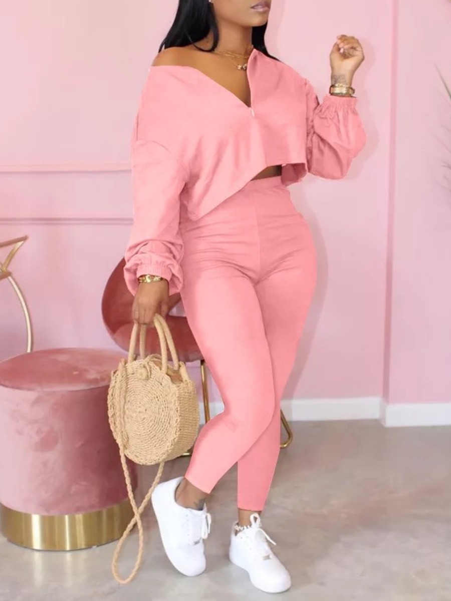 

Lovely Casual Zipper Design Pink Loungewear