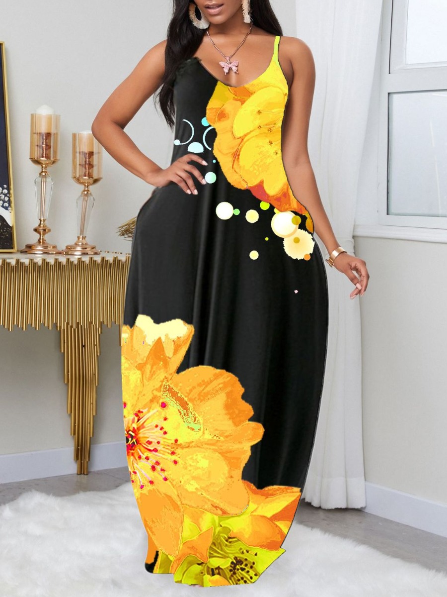 

lovely Casual U Neck Print Yellow Maxi Plus Size Dress