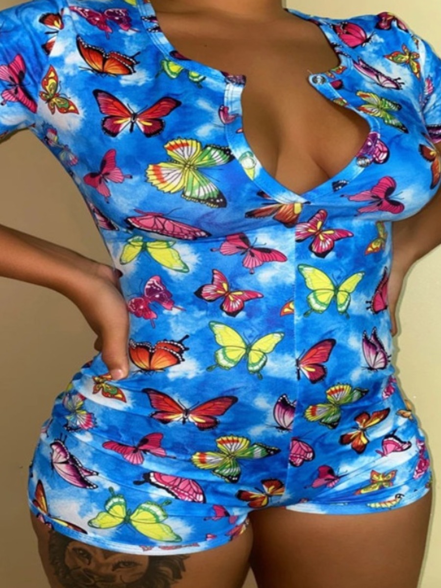 

lovely Sportswear Butterfly Print Blue One-piece Romper