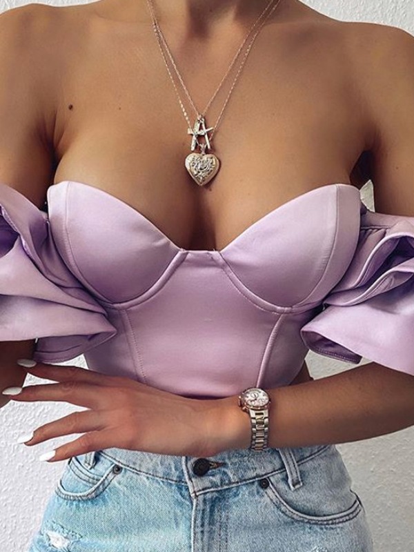 

lovely Stylish Dew Shoulder Flounce Design Purple Blouse
