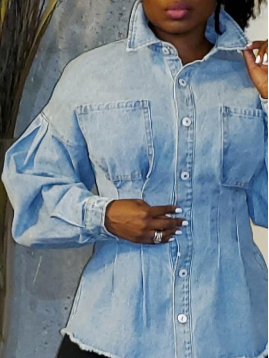 

Lovely Casual Turndown Collar Buttons Design Baby Blue Denim Jacket