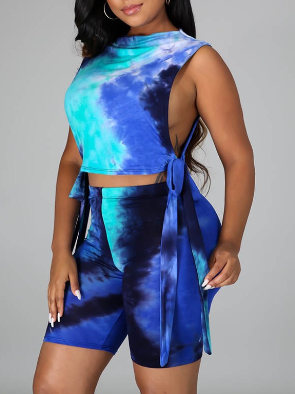 

lovely Sportswear Tie Dye Lace-up Blue Two Piece Shorts Set