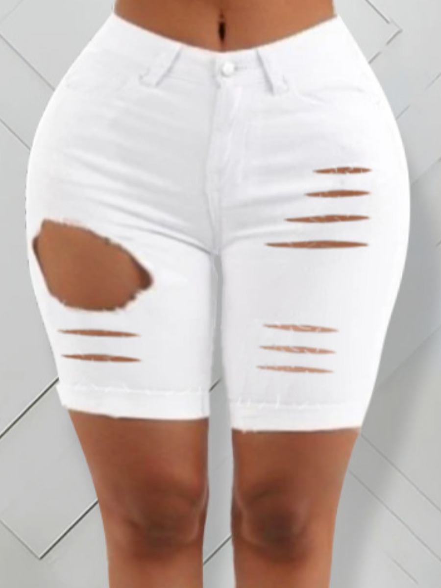 

lovely Casual Hollow-out White Denim Shorts