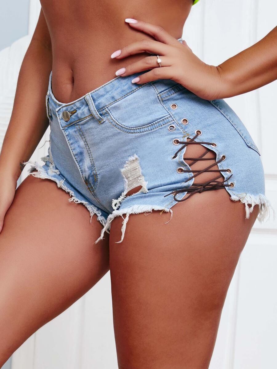 

Lovely Street Bandage Design Baby Blue Denim Shorts