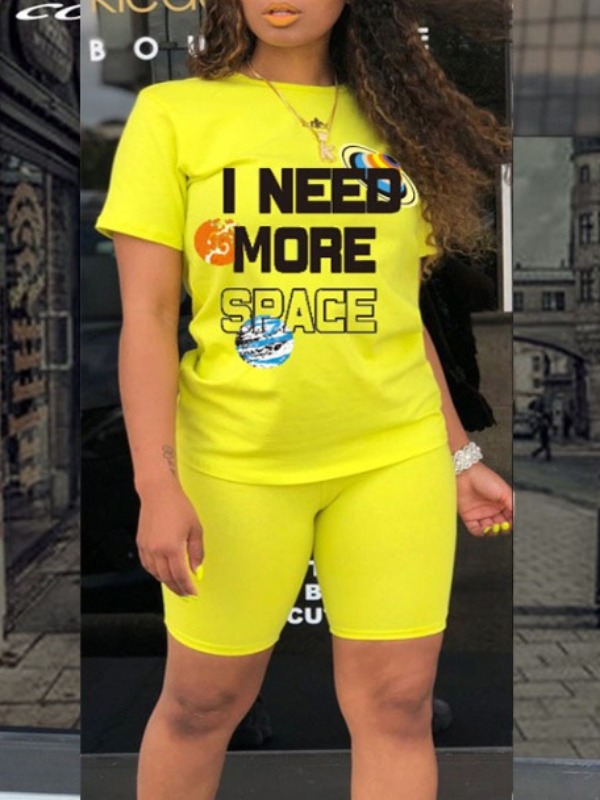 

lovely Casual O Neck Letter Print Yellow Two Piece Shorts Set