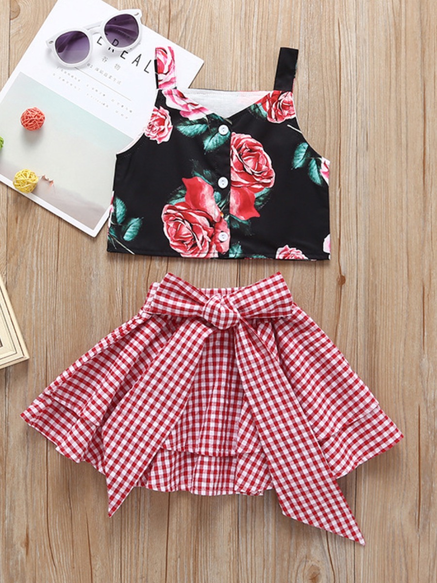 

lovely Bohemian Spaghetti Strap Print Red Girl Two-piece Skirt Set