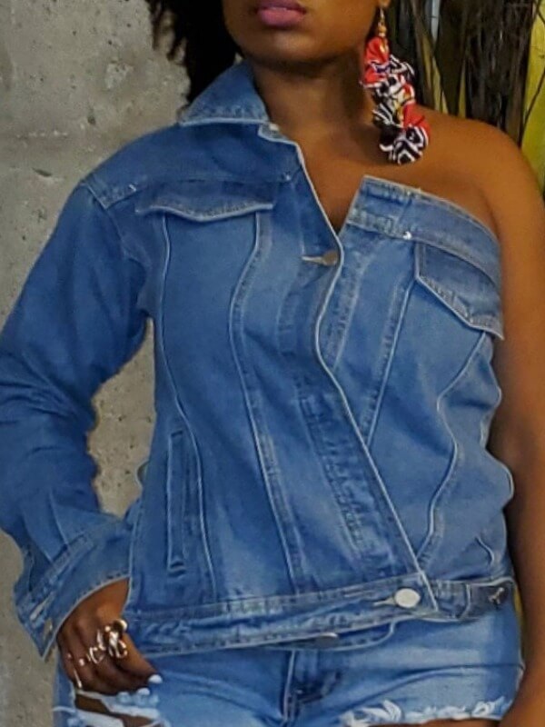 

Lovely Street One Shoulder Asymmetrical Blue Plus Size Denim Jacket