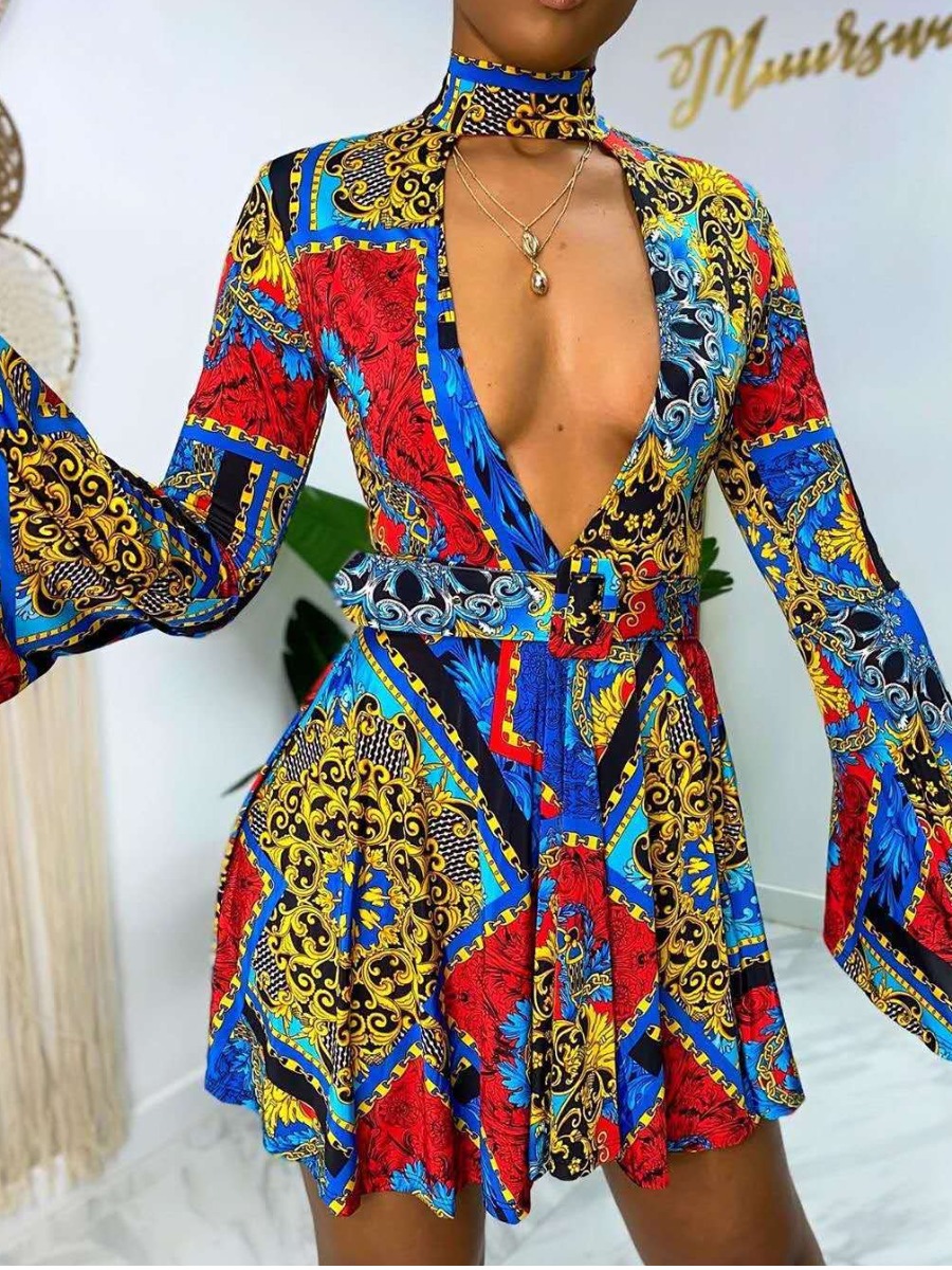 

lovely Bohemian Hollow-out Versace Print Blue Mini Dress