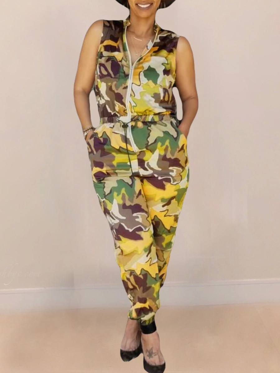 

lovely Stylish Zipper Design Camo Print Yellow One-piece Jumpsuit, Yellow camouflage