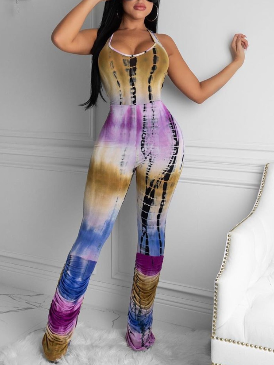 

lovely Sexy Backless Tie-dye Purple One-piece Jumpsuit