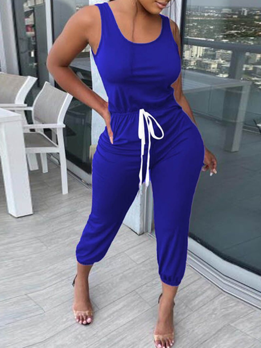 

lovely Sportswear Lace-up Blue One-piece Jumpsuit