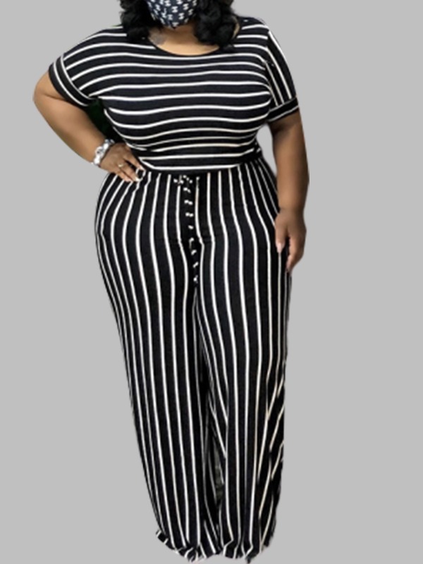 

LW BASICS Plus Size Leisure Striped Black One-piece Jumpsuit