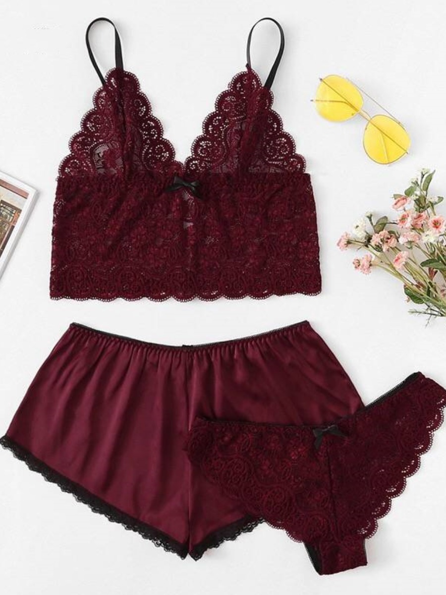 

lovely Sexy Lace Hem Wine Red Sleepwear
