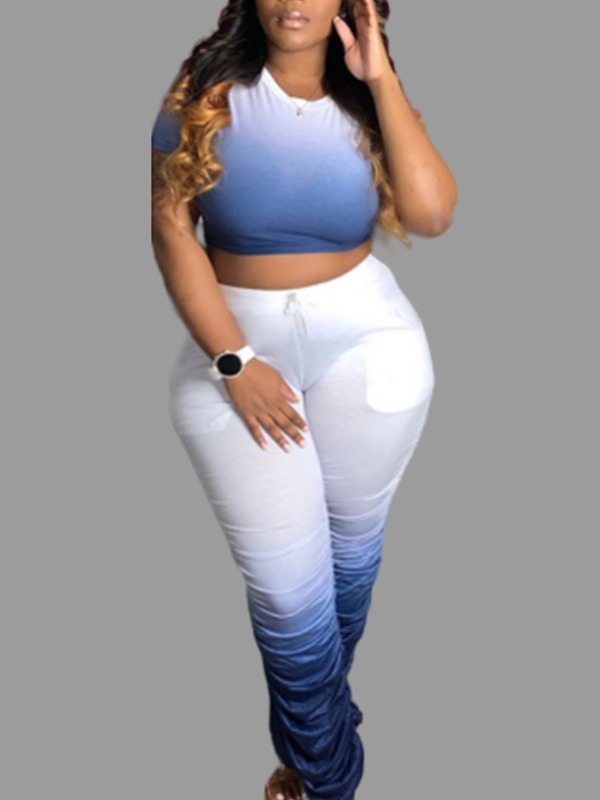 

Lovely Trendy Gradient Fold Design Dark Blue Plus Size Two-piece Pants Set
