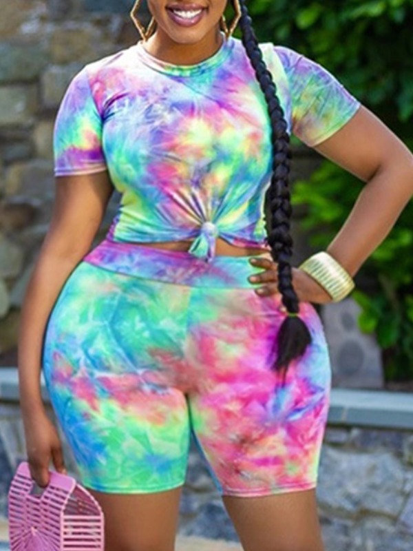 

Lovely Casual O Neck Tie-dye Blue Plus Size Two-piece Shorts Set