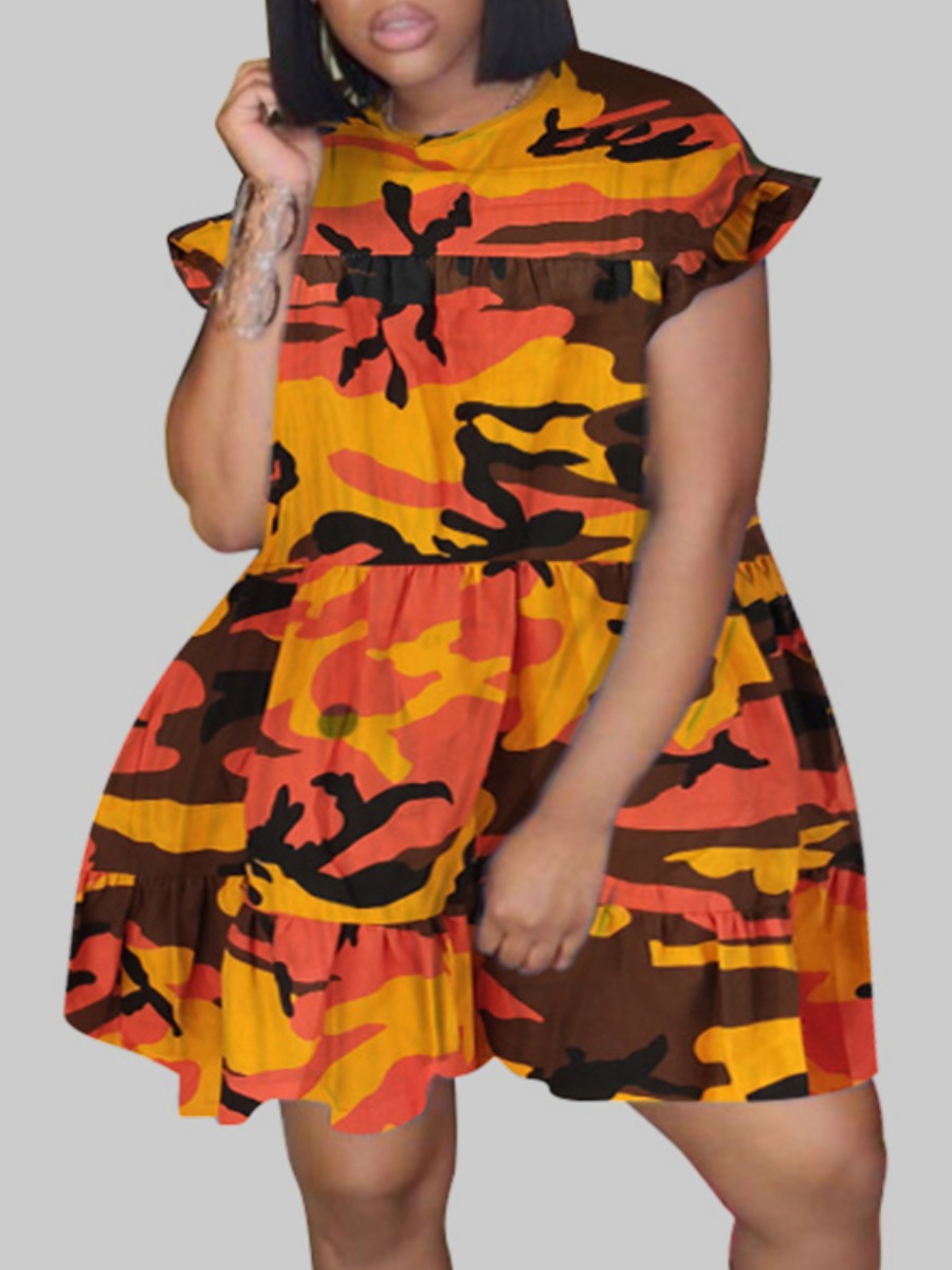 

Lovely Sweet O Neck Camo Print Loose Knee Length Plus Size Dress