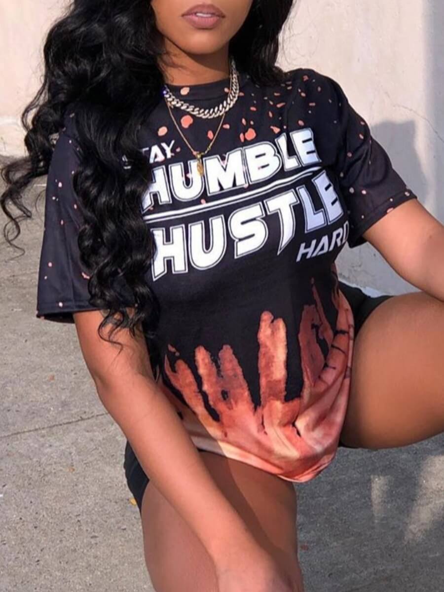 

LW Casual O Neck Letter Print Black T-shirt