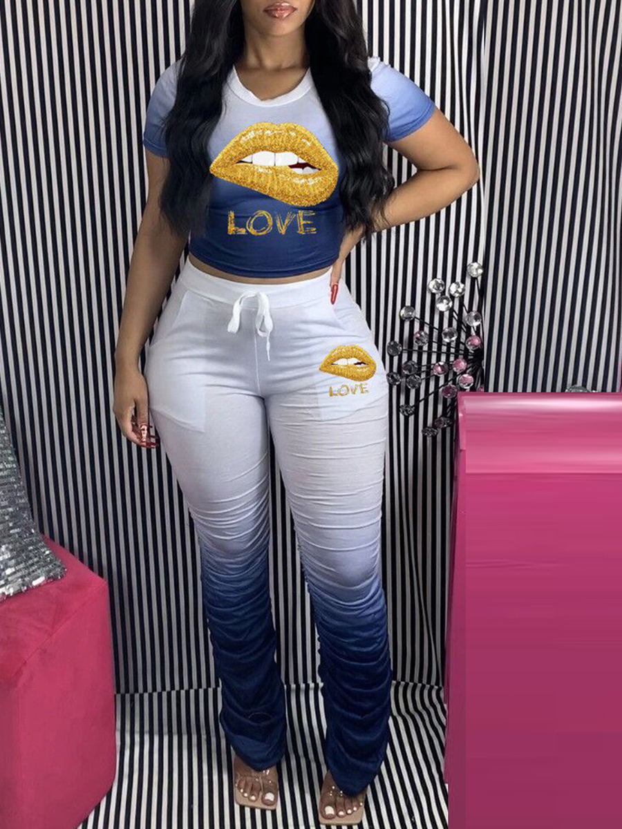 

Lovely Street O Neck Lip Print Fold Design Blue Two Piece Pants Set