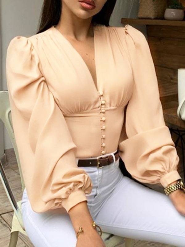 

lovely Vintage Deep V Neck Buttons Design Apricot Blouse