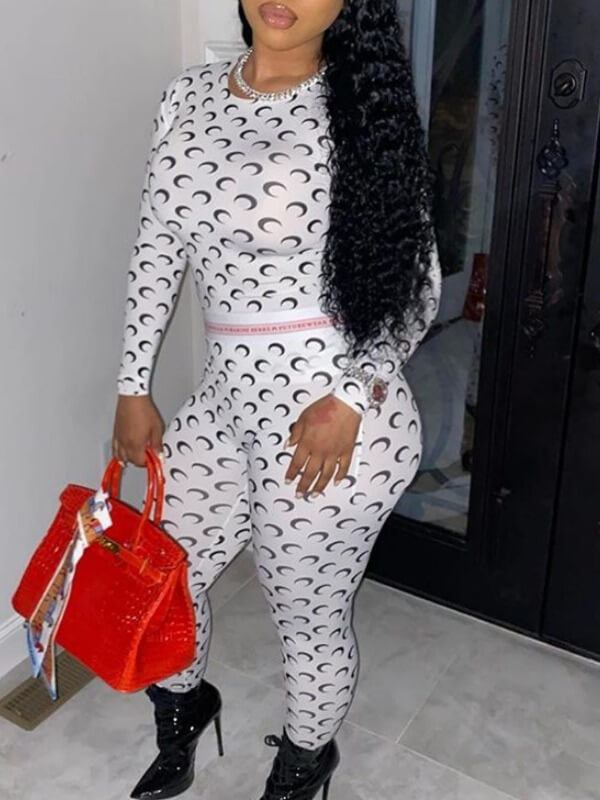 

Lovely Euramerican O Neck Moon Print White Two Piece Pants Set