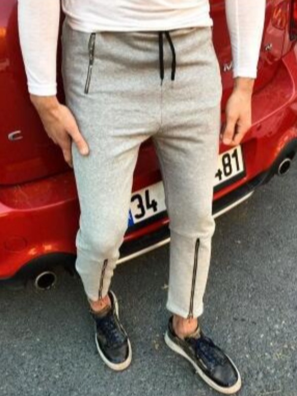 

Men lovely Sportswear Drawstring Zipper Design Light Grey Pants