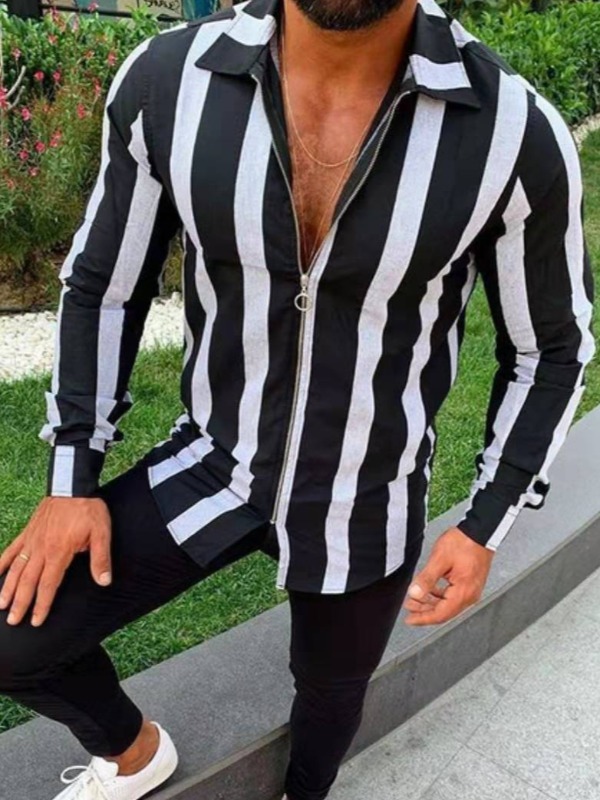 

Men lovely Stylish Turndown Collar Striped Print Black And White Shirt
