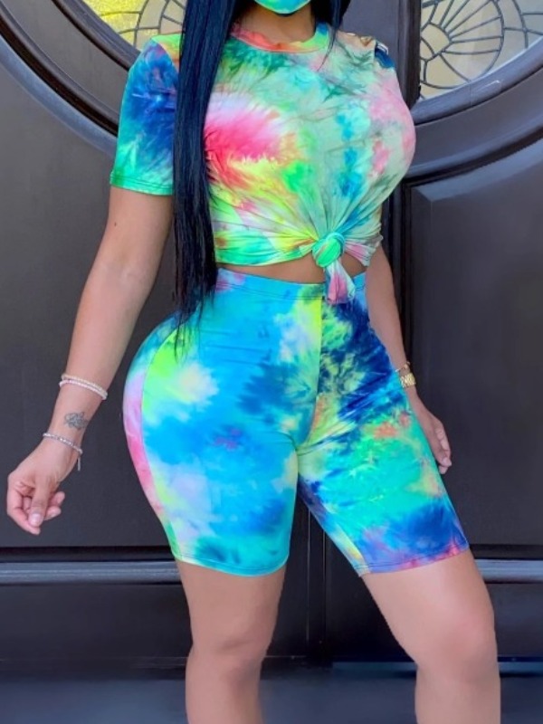 

lovely Sportswear O Neck Tie Dye Green Two Piece Shorts Set