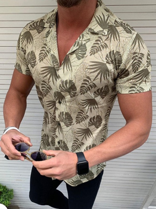 

Men lovely Bohemian Turndown Collar Plants Print Light Green Shirt