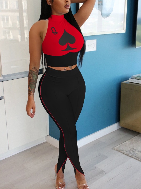 

lovely Leisure Print Patchwork Red Two Piece Pants Set