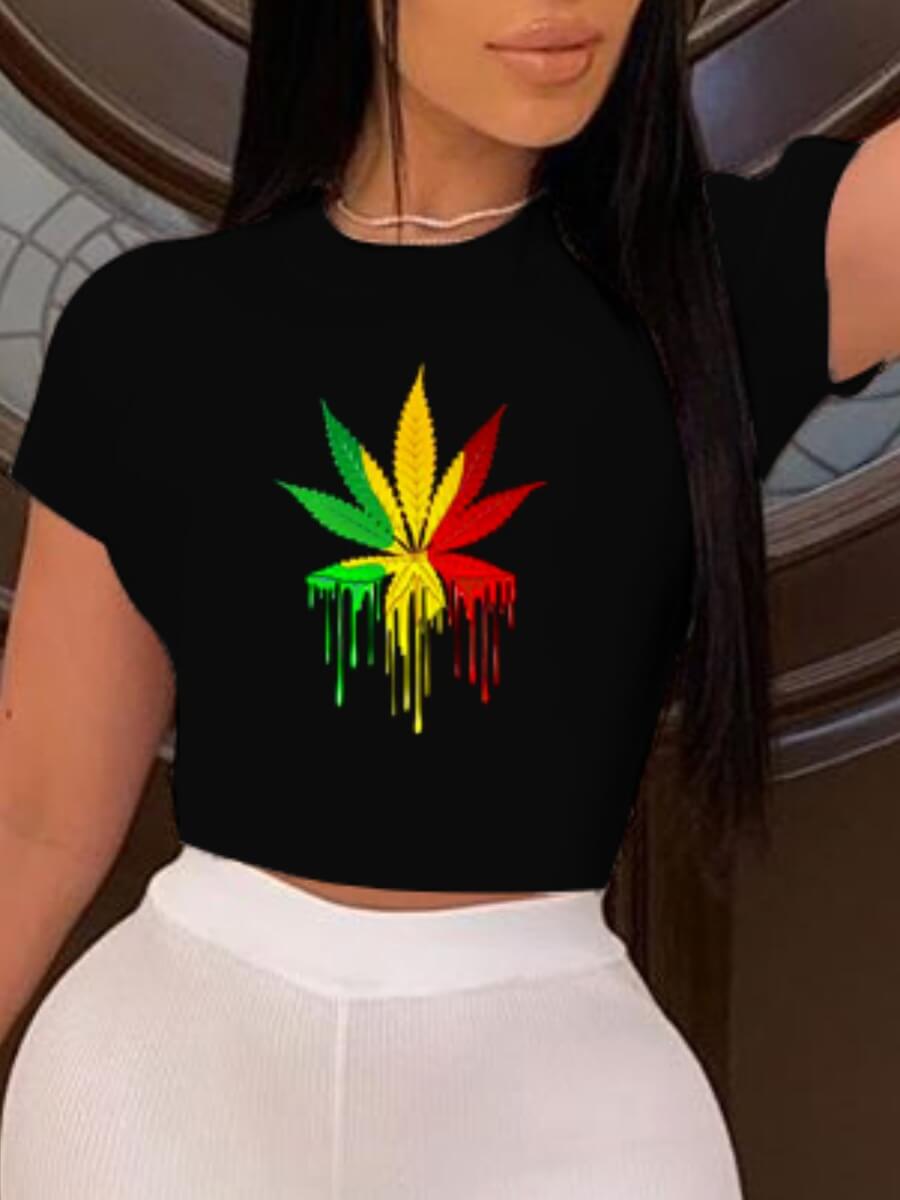 

LW Casual O Neck Plants Print Black T-shirt