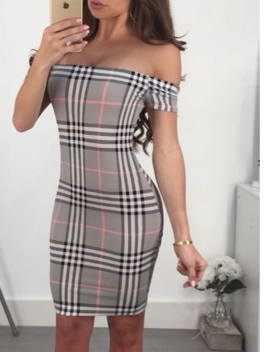 

lovely Stylish Grid Print Grey Knee Length Dress